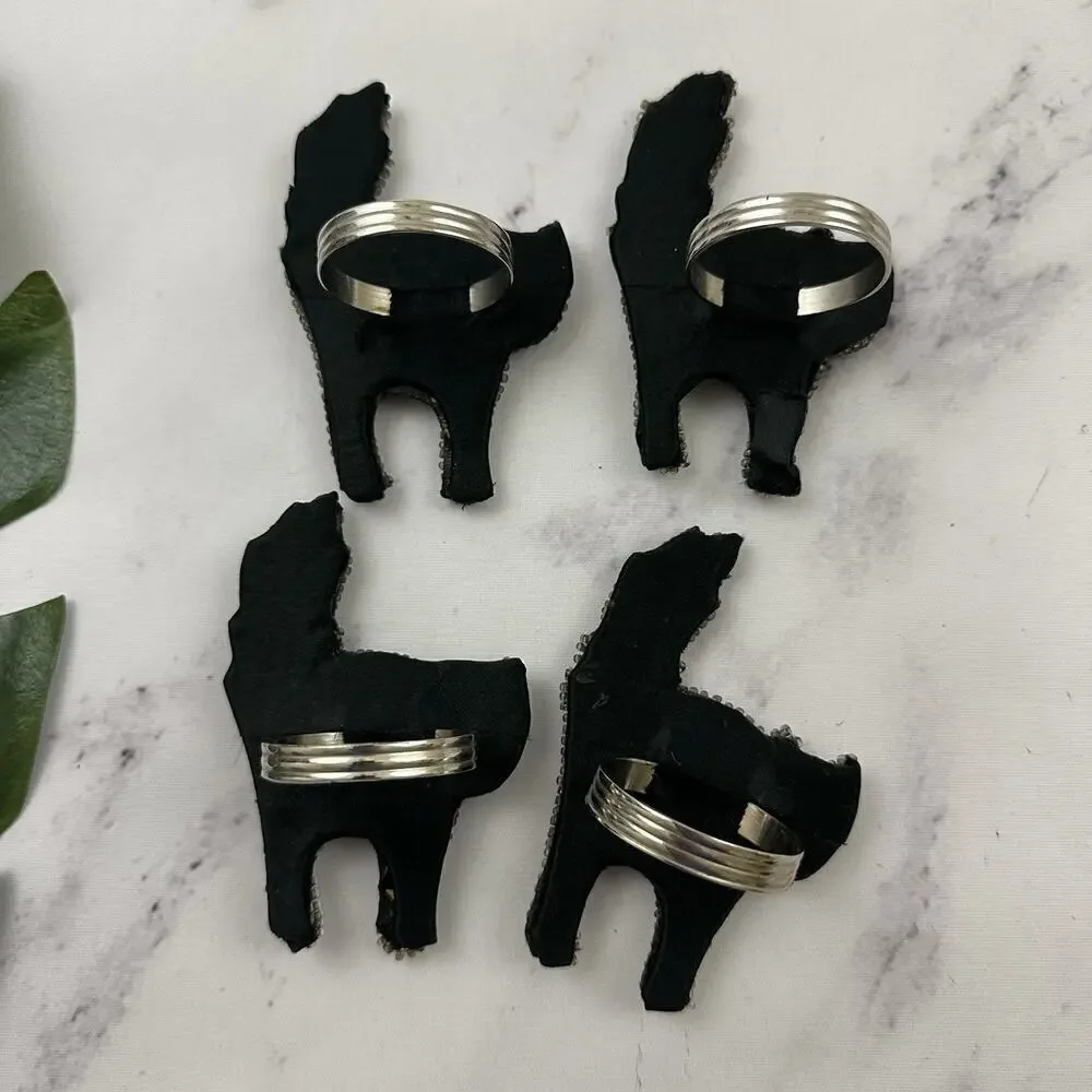 Pottery Barn Vintage Halloween Cat Napkin Rings Lot of 4 New Black Beaded